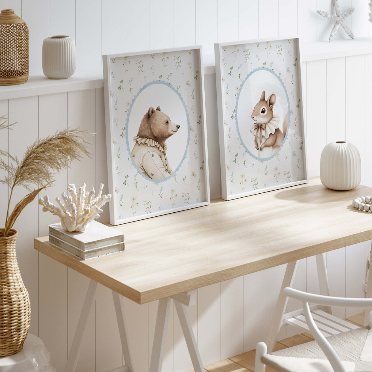Digital download nursery art with woodland animal portraits of a bear, and squirrel, framed with soft pastel wildflowers, ideal for kids' room decor.