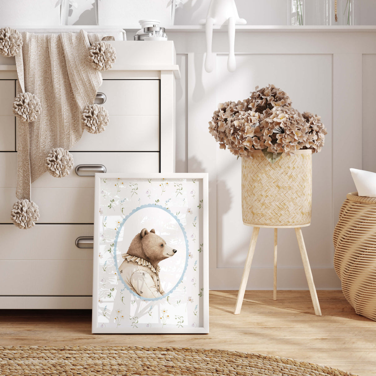 Digital download nursery art with woodland animal portraits of a bear, , framed with soft pastel wildflowers, ideal for kids' room decor.