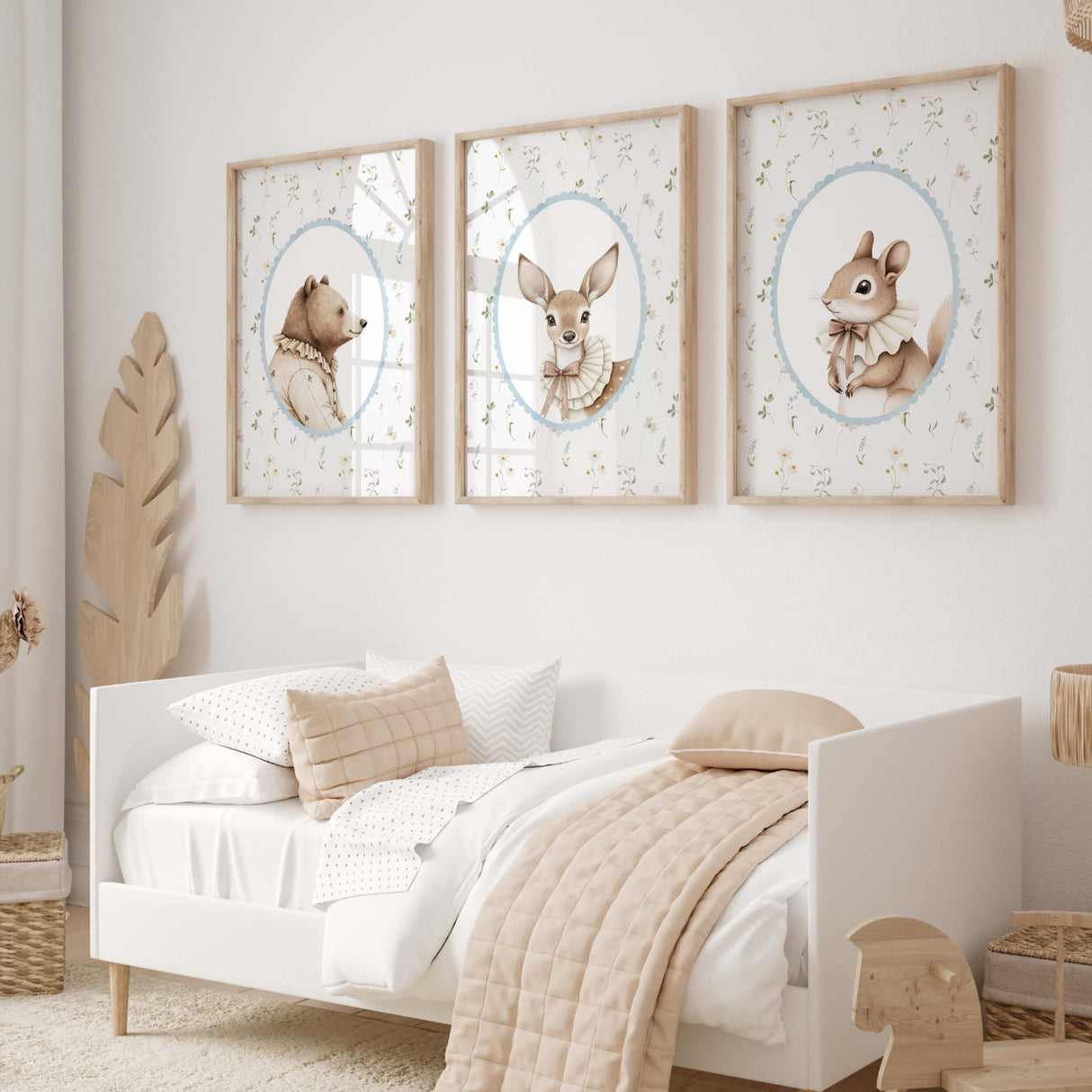 Hand-drawn woodland animal portraits of a bear, deer, and squirrel with a soft floral background, ideal for nursery or kids' room wall decor.