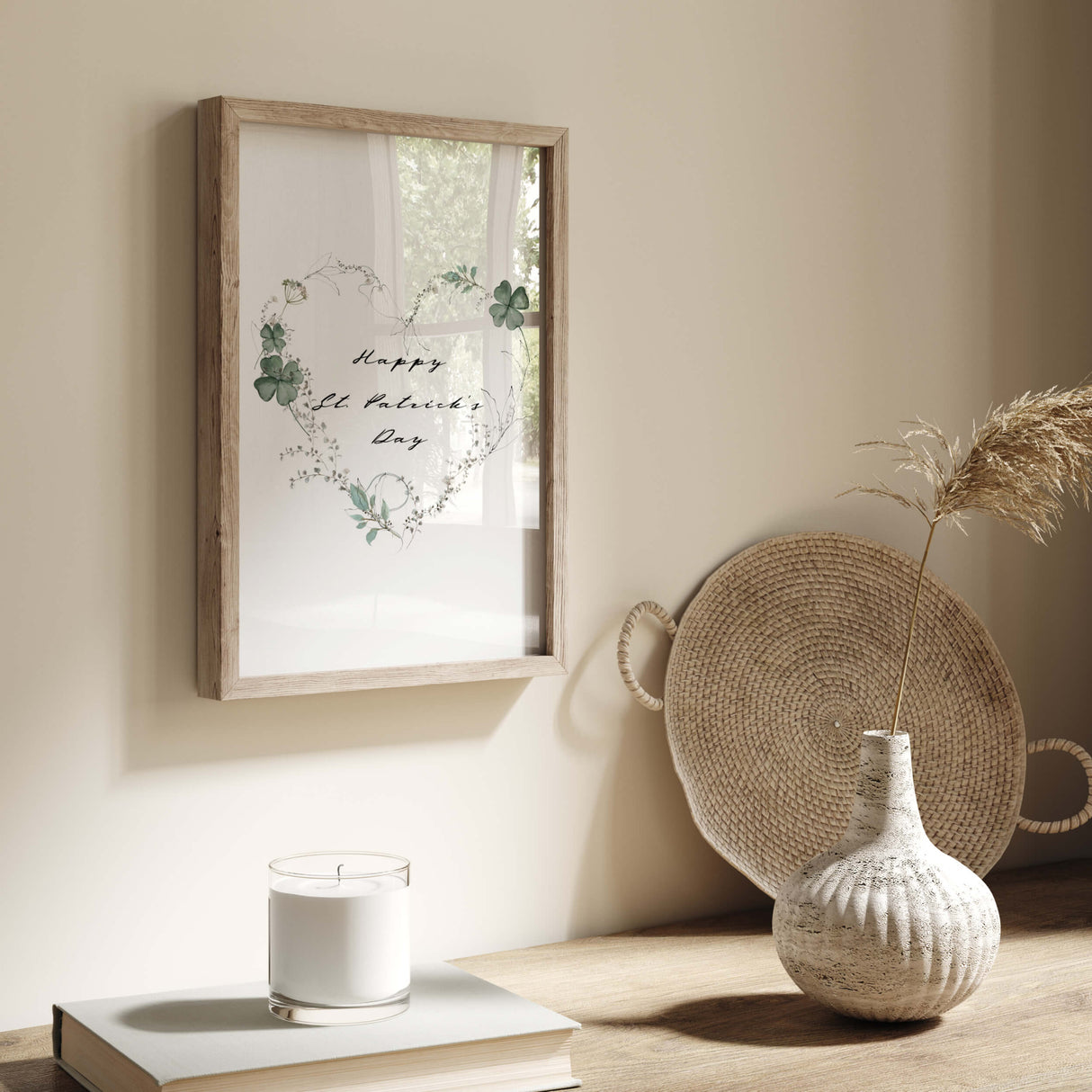 Happy St. Patrick's Day print with sage green clover and botanical heart wreath for St. Patrick home decor.