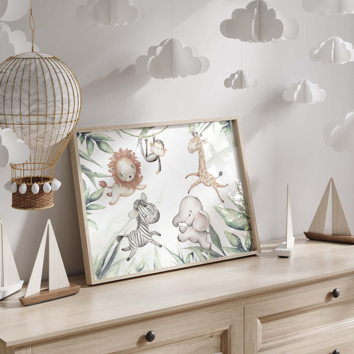 Watercolor safari animals printable with leaf for gender neutral nursery decor, boys room decor, toddler room decor, girls room decor, boho nursery decor, animals: lion, zebra, elephant, giraffe, monkey.