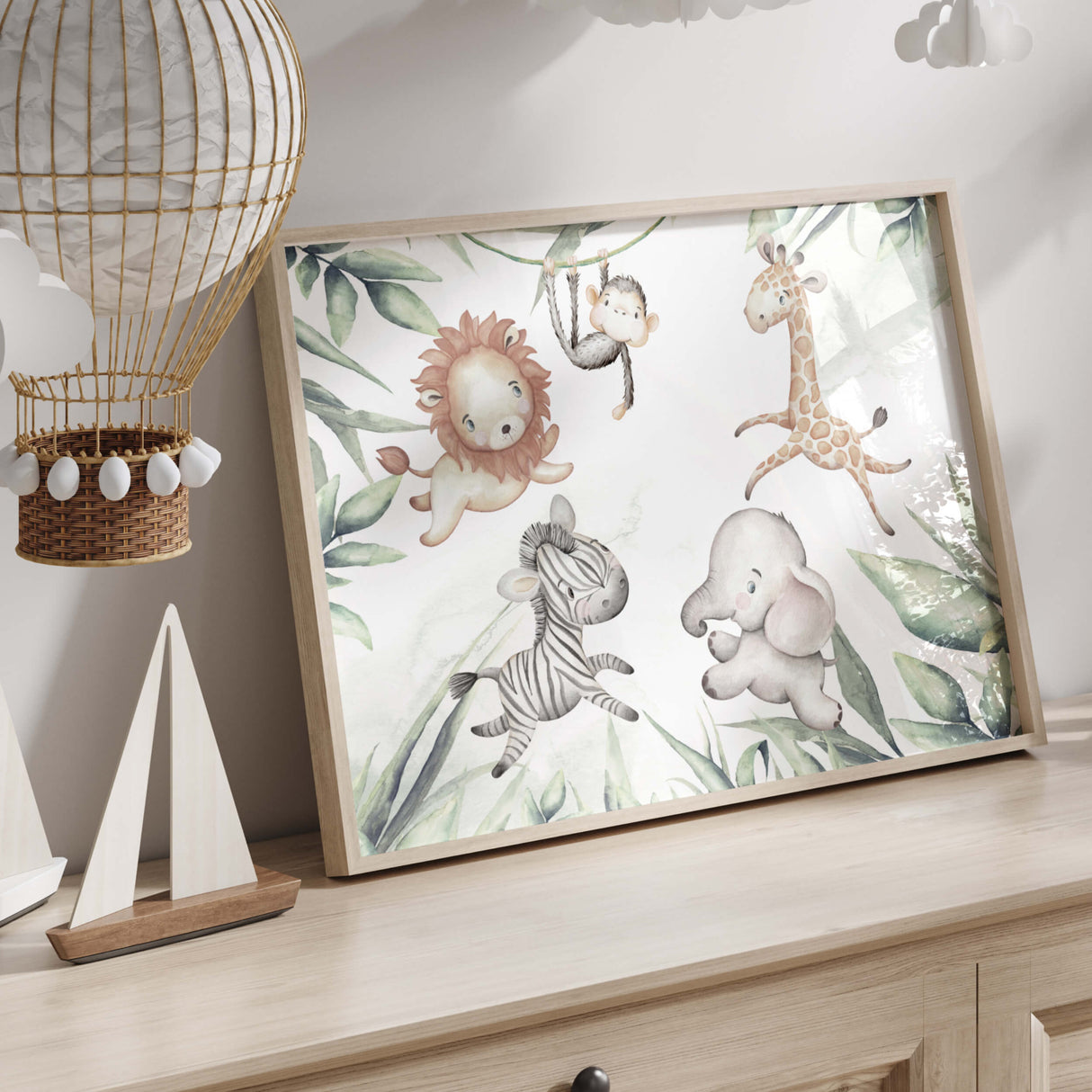 Watercolor safari animals print with leaf for gender neutral nursery decor, boys room decor, toddler room decor, girls room decor, boho nursery decor, animals: lion, zebra, elephant, giraffe, monkey.