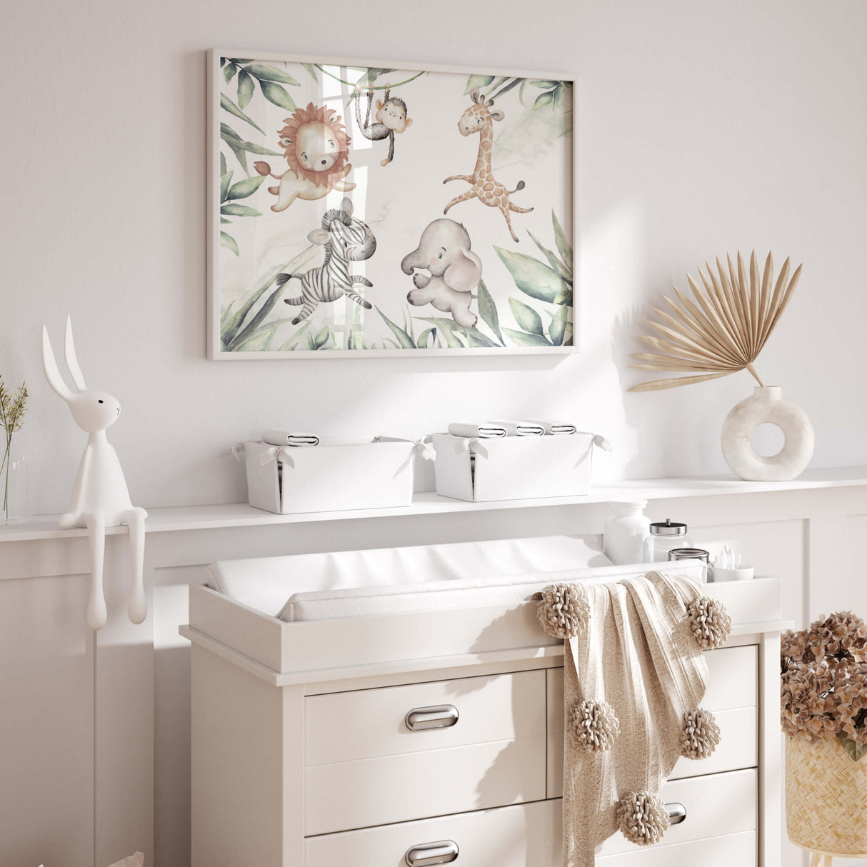 Watercolor safari animals poster with leaf for gender neutral nursery decor, boys room decor, toddler room decor, girls room decor, boho nursery decor, animals: lion, zebra, elephant, giraffe, monkey.