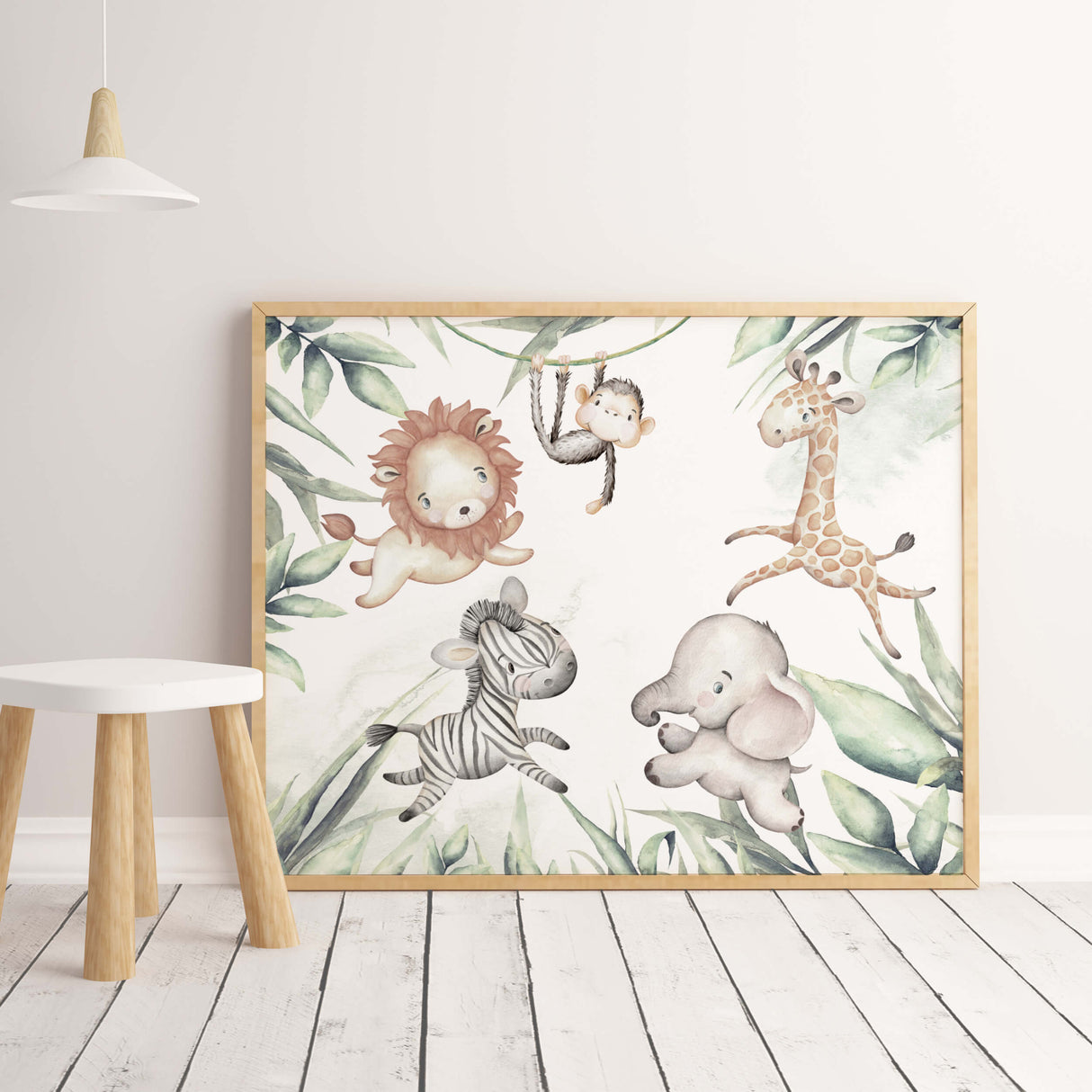 Watercolor safari animals poster with leaf for gender neutral nursery decor, boys room decor, toddler room decor, girls room decor, boho nursery decor, animals: lion, zebra, elephant, giraffe, monkey.