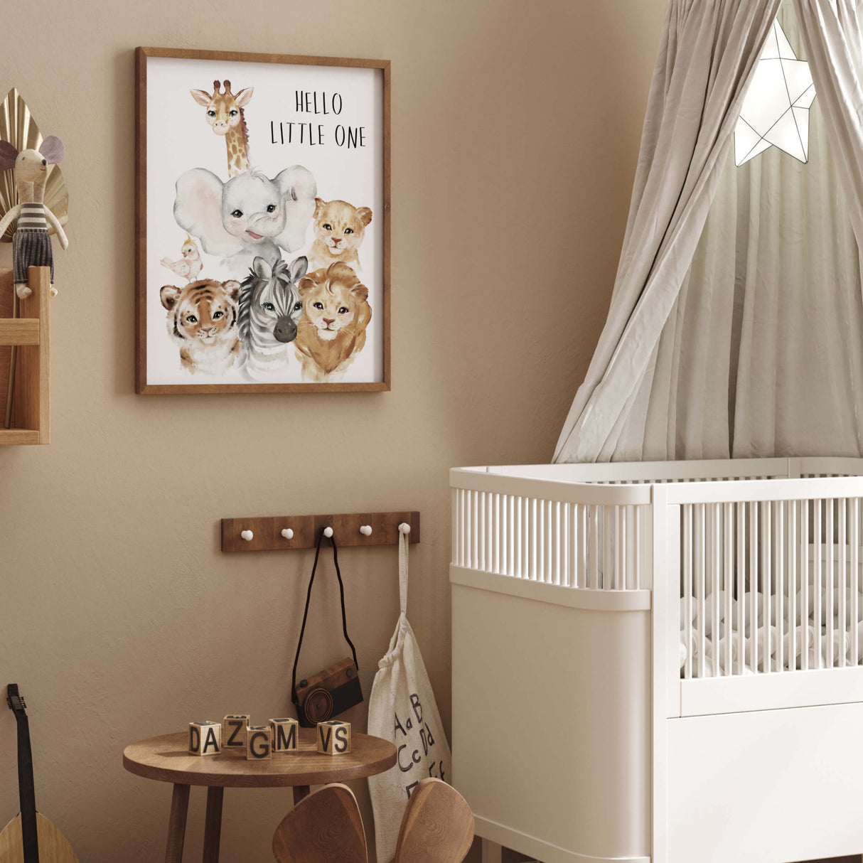 Watercolor safari animals printable with hello little one quote in brown, gray colors for gender neutral nursery decor, toddler room decor, boys room decor, girls room decor, boho nursery decor, animals: giraffe, elephant, lion, zebra, tiger, bird.