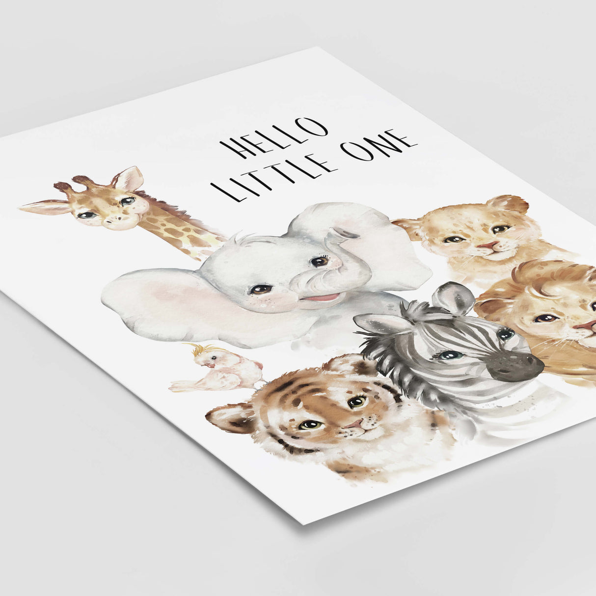 Watercolor safari animals poster with hello little one quote in brown, gray colors for gender neutral nursery decor, toddler room decor, boys room decor, girls room decor, boho nursery decor, animals: giraffe, elephant, lion, zebra, tiger, bird.