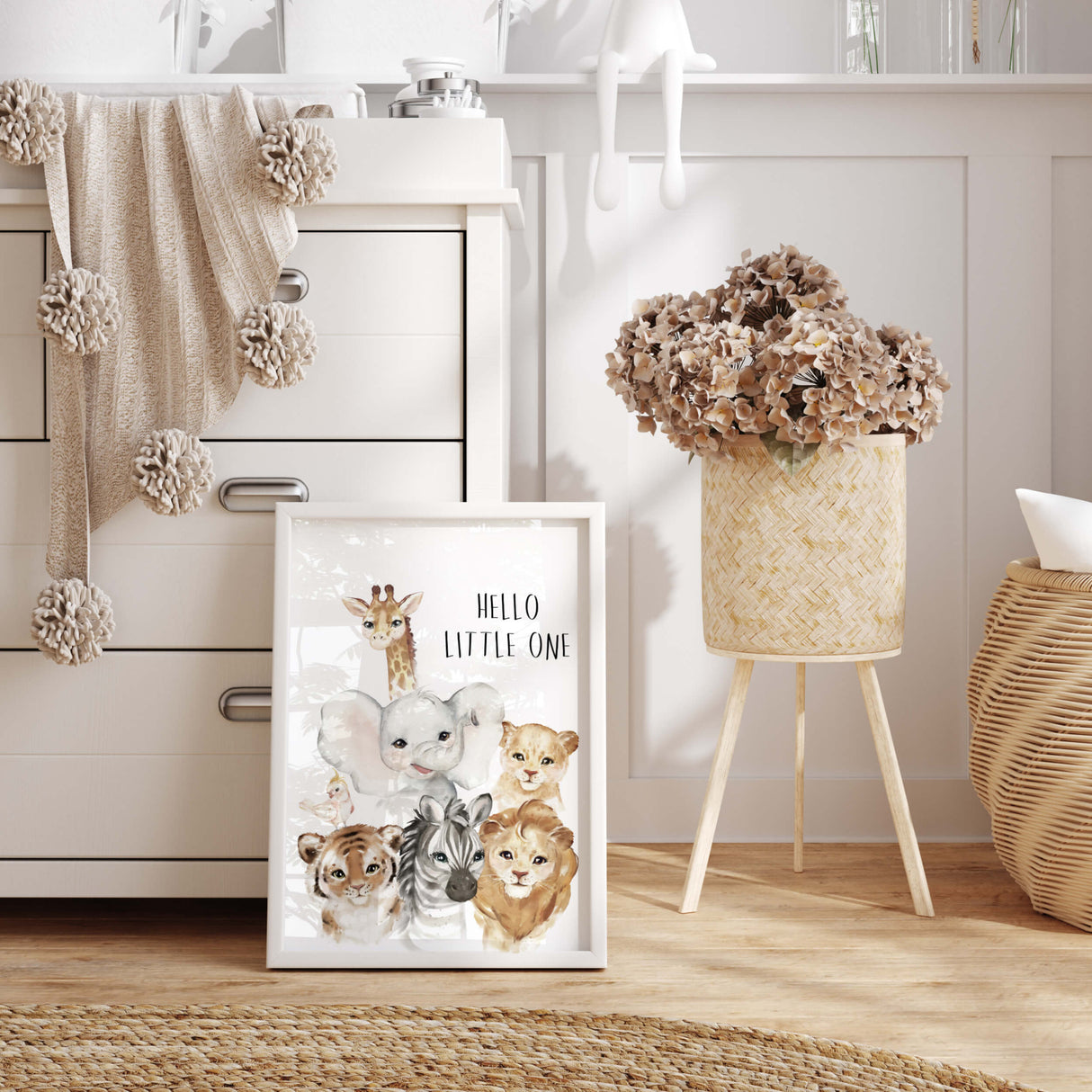 Watercolor safari animals print with hello little one quote in brown, gray colors for gender neutral nursery decor, toddler room decor, boys room decor, boho nursery decor girls room decor, boho nursery decor, animals: giraffe, elephant, lion, zebra, tiger, bird.