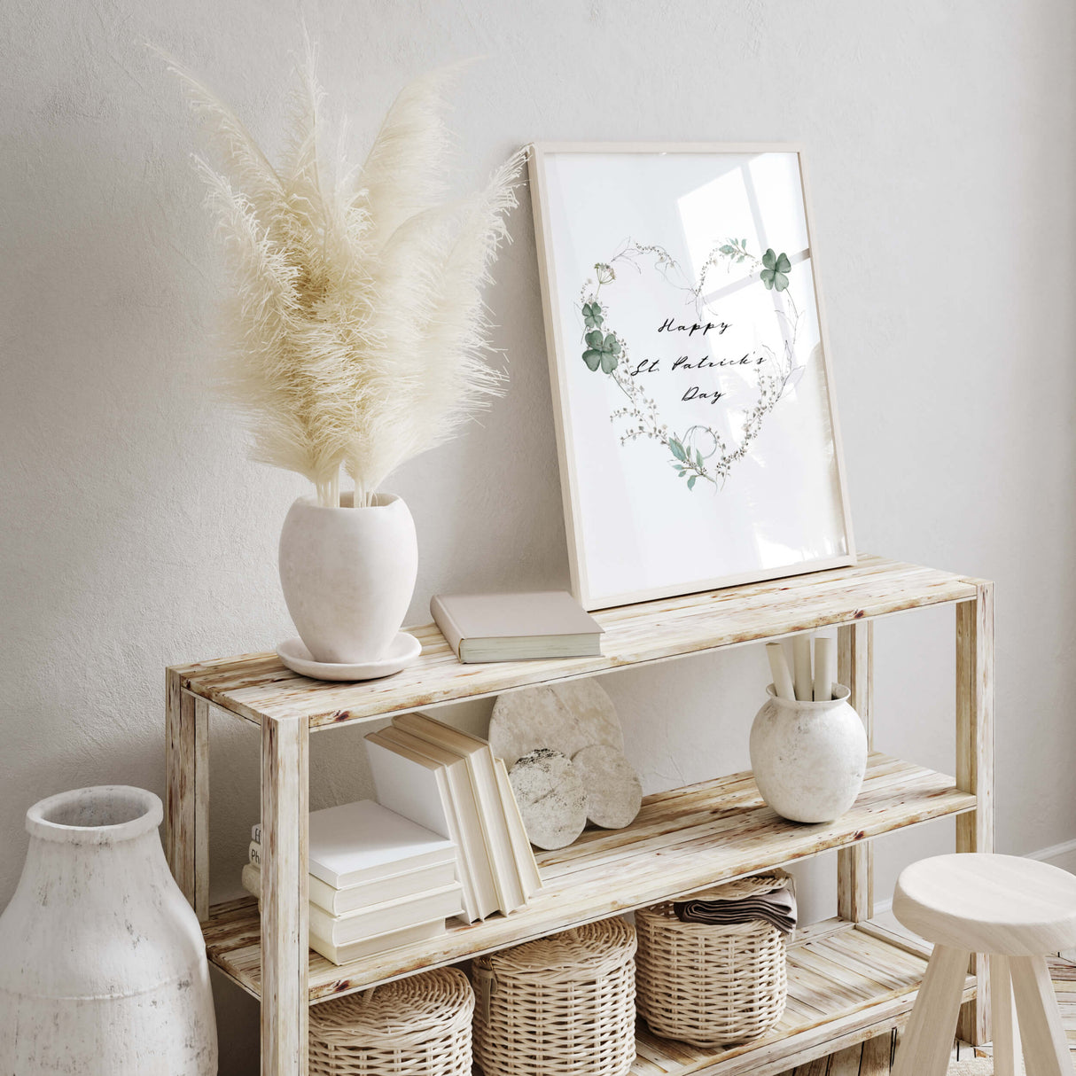 Happy St. Patrick's Day print with sage green clover and botanical heart wreath for St. Patrick home decor.