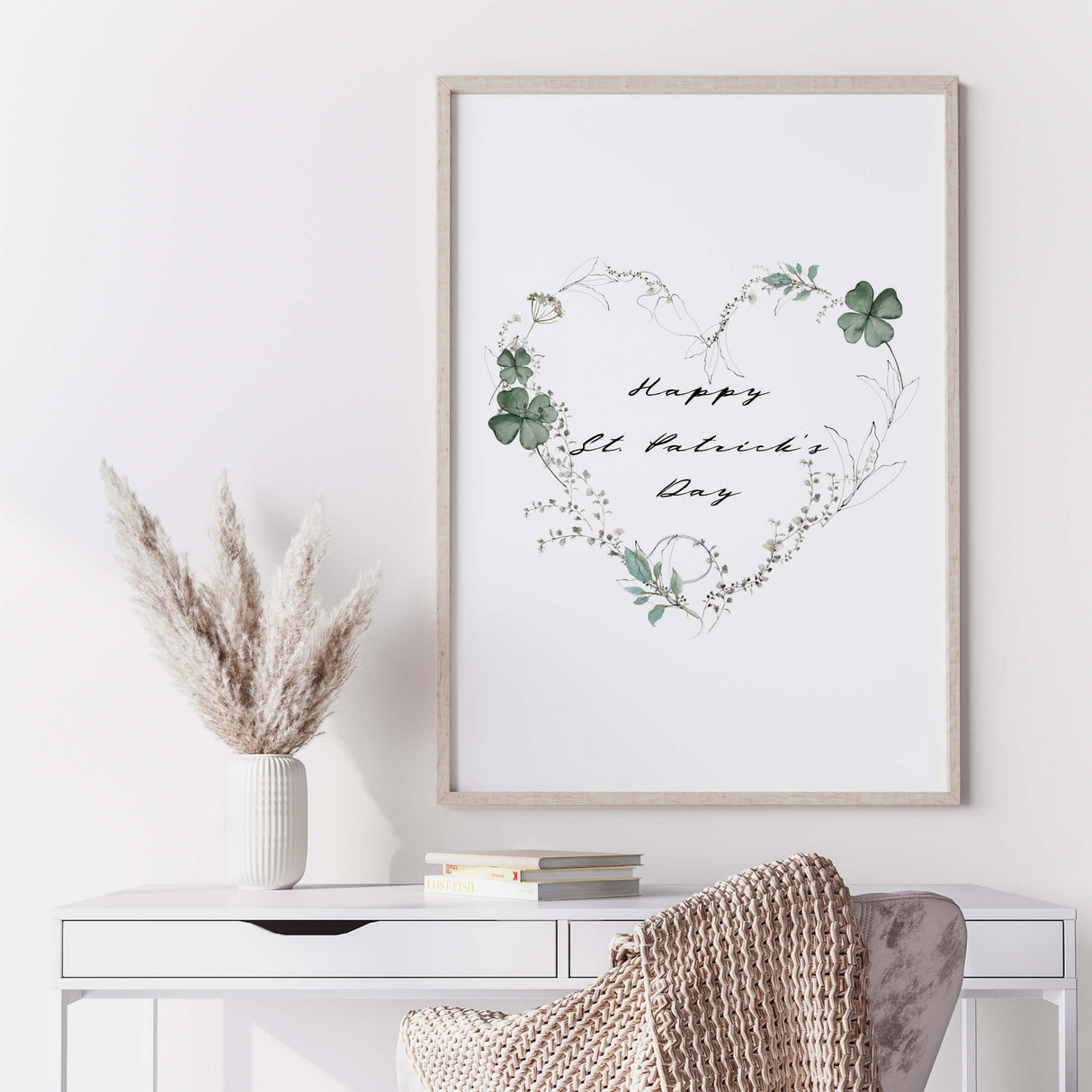 Happy St. Patrick's Day printable with sage green clover and botanical heart wreath for St. Patrick home decor.