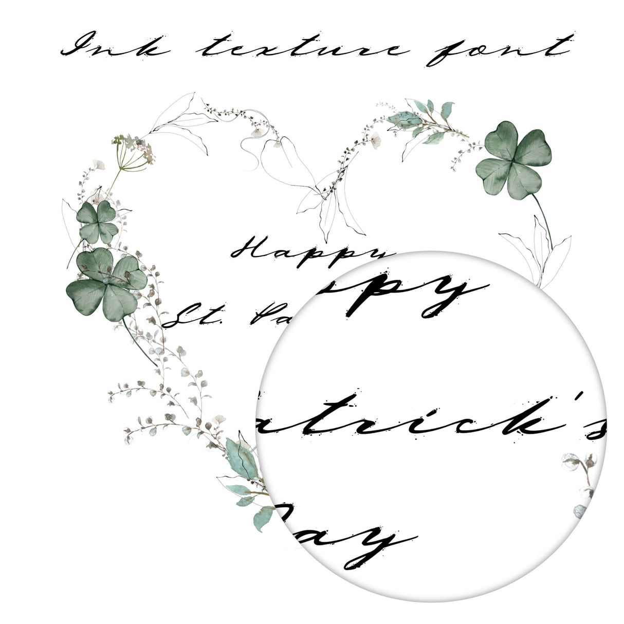 Happy St. Patrick's Day print with sage green clover and botanical heart wreath for St. Patrick home decor.