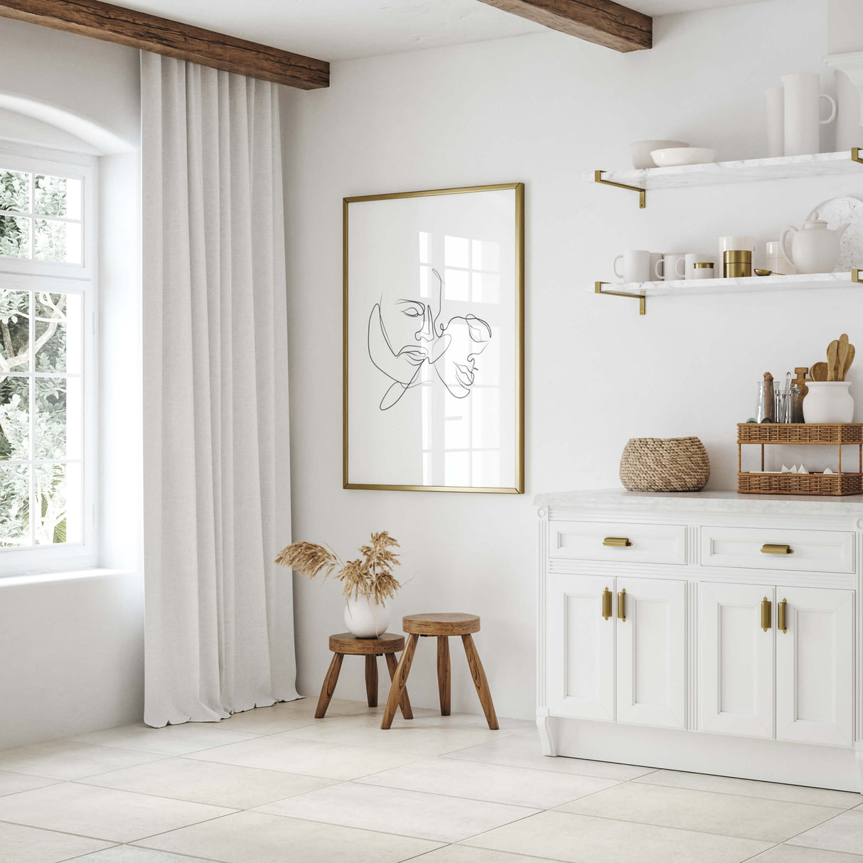 Man kisses woman's neck printable for minimalist home decor.