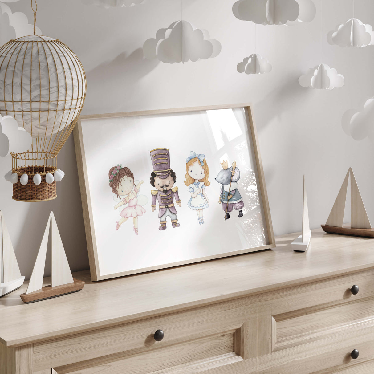 Watercolor nursery nutcracker print able for neutral christmas nursery decor.