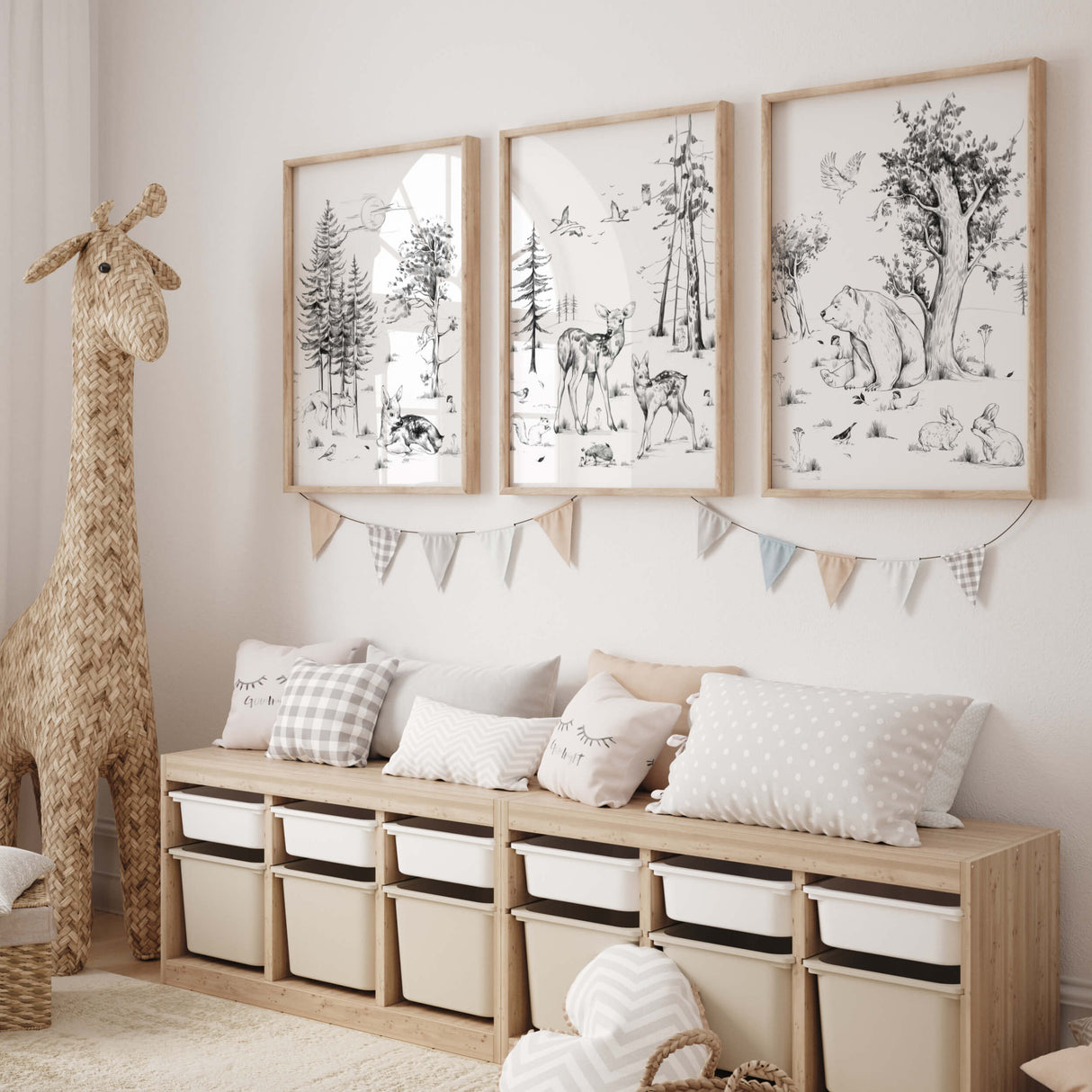 Pencil sketch forest nursery poster with woodland animals, bear deer, hedgehod, birds, pine tree, sunrise, bunnies for gender neutral nursery decor, sage green nursery decor, black white nursery decor, beige nursery decor, girsl and boys nursery decor, kids room decor.