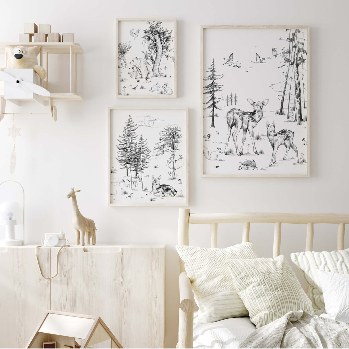 Pencil sketch woodland nursery poster with bear deer, hedgehod, birds, pine tree, sunrise, bunnies for gender neutral nursery decor, sage green nursery decor, black white nursery decor, beige nursery decor.