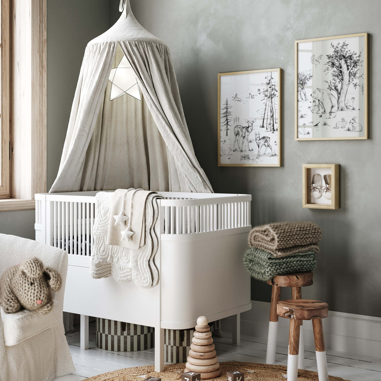 Pencil sketch woodland nursery poster with bear deer, hedgehod, birds, pine tree, sunrise, bunnies for gender neutral nursery decor, sage green nursery decor, black white nursery decor, beige nursery decor, girsl and boys nursery decor, kids room decor.