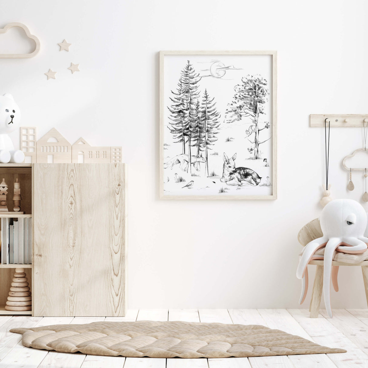 Pencil sketch forest nursery print with bear deer, hedgehod, birds, pine tree, sunrise, bunnies for gender neutral nursery decor, sage green nursery decor, black white nursery decor, beige nursery decor.