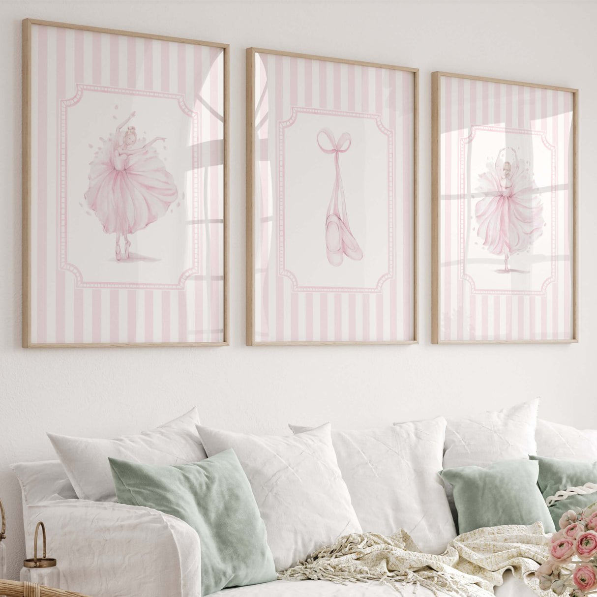 Pink ballerina printable wall art set for girls nursery with striped background