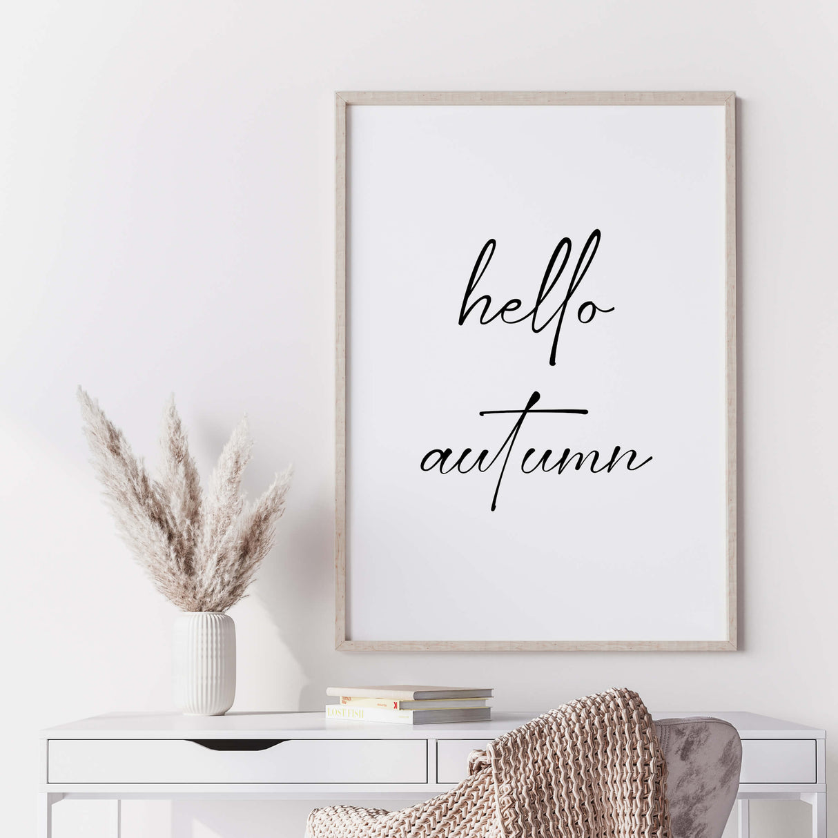 Line art fall print with pumpkins and hello autumn quote for minimalist autumn home decor.