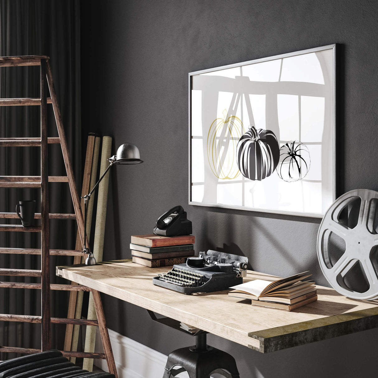 Line art pumpkin print with pumpkins for autumn minimalist home decor in black and white, gold.