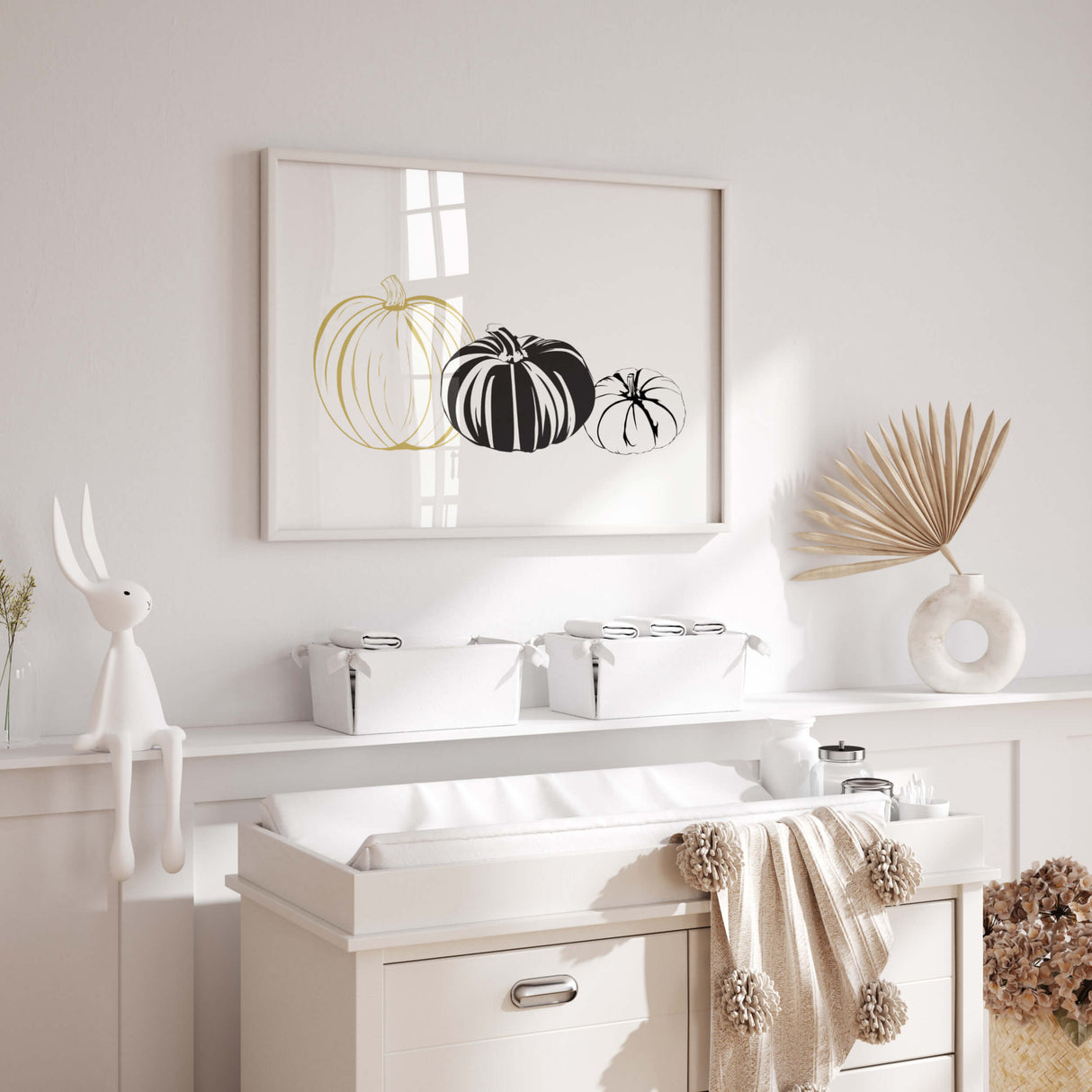 Line art pumpkin poster with pumpkins and hello pumpkin quote for autumn minimalist home decor in black and white, gold.