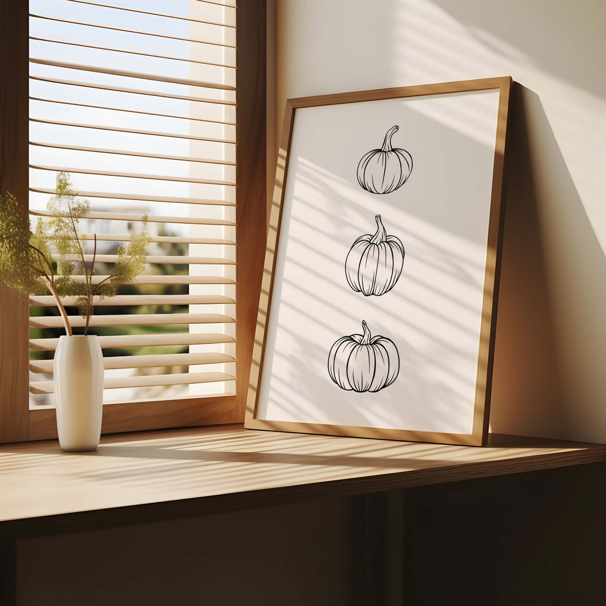 Line art fall printable with hello pumpkin quote and line art pumpkins for minimalist autumn home decor.