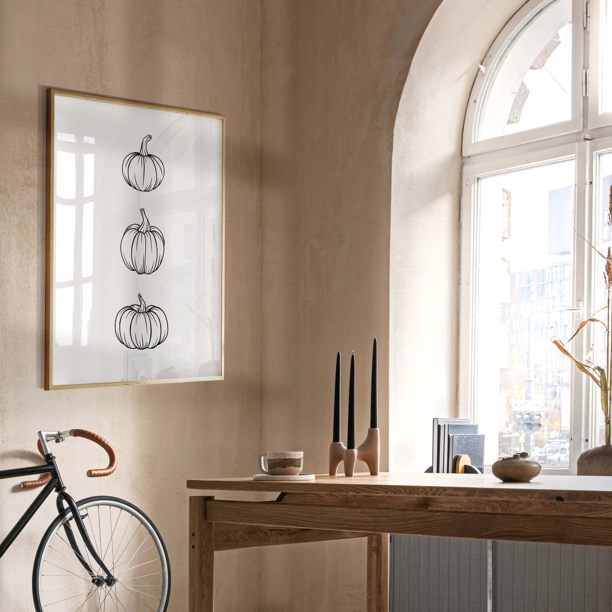 Line art fall print with pumpkins for minimalist fall home decor.