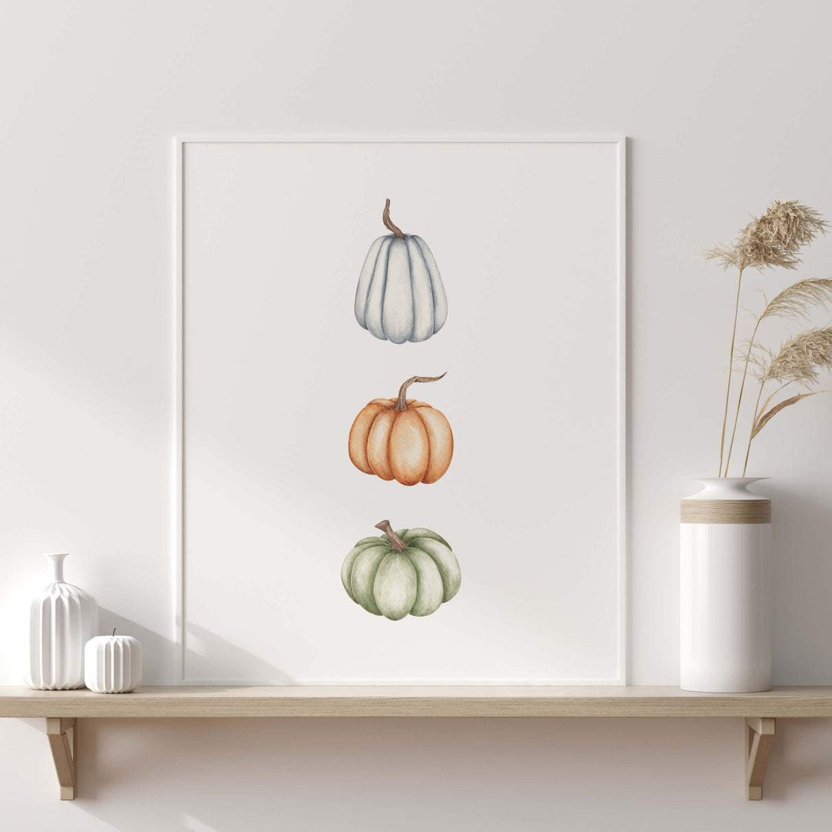 Watercolor pumpkin print with blue, orange, green for boho home decor