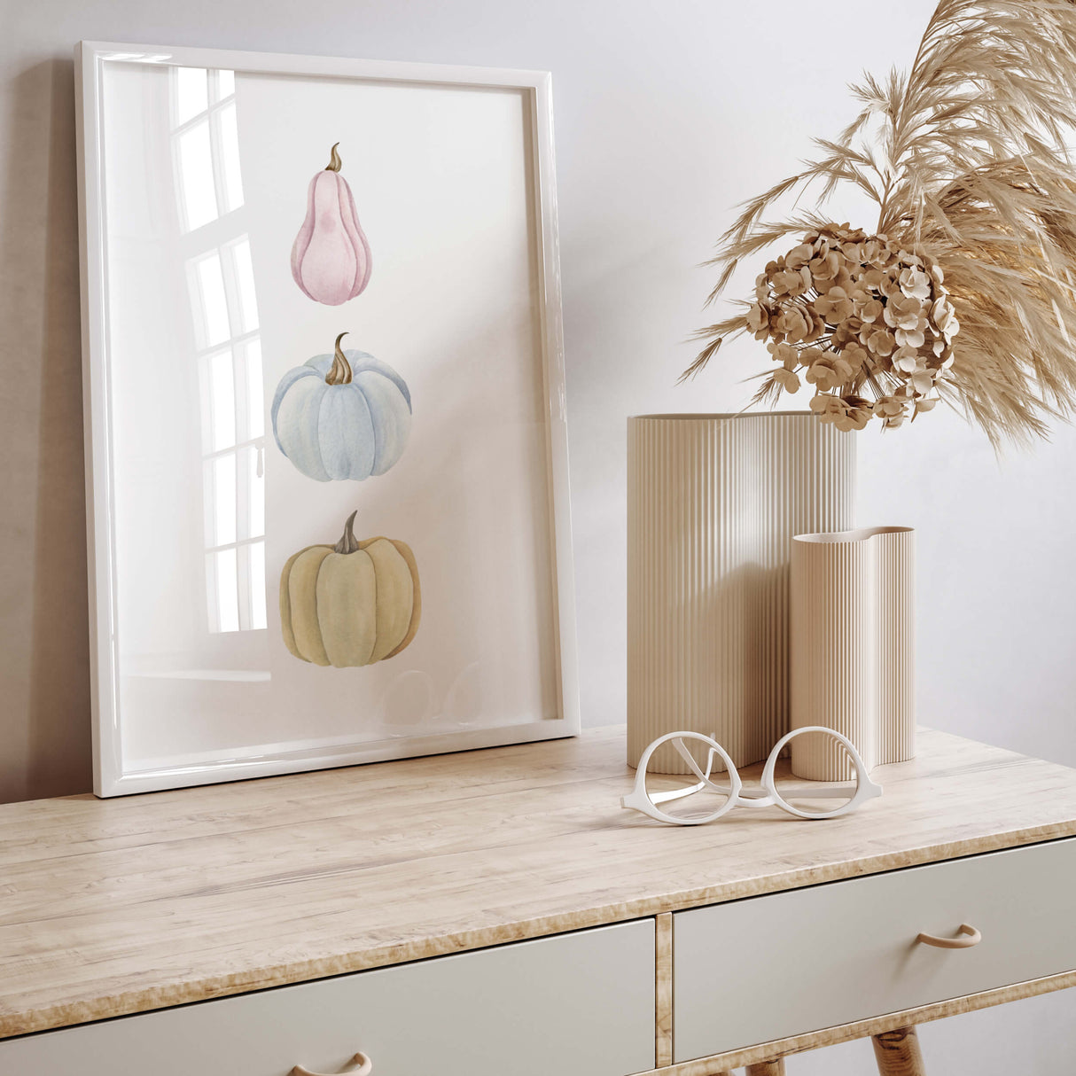 Watercolor pumpkin print with pink, blue, yellow for fall home decor