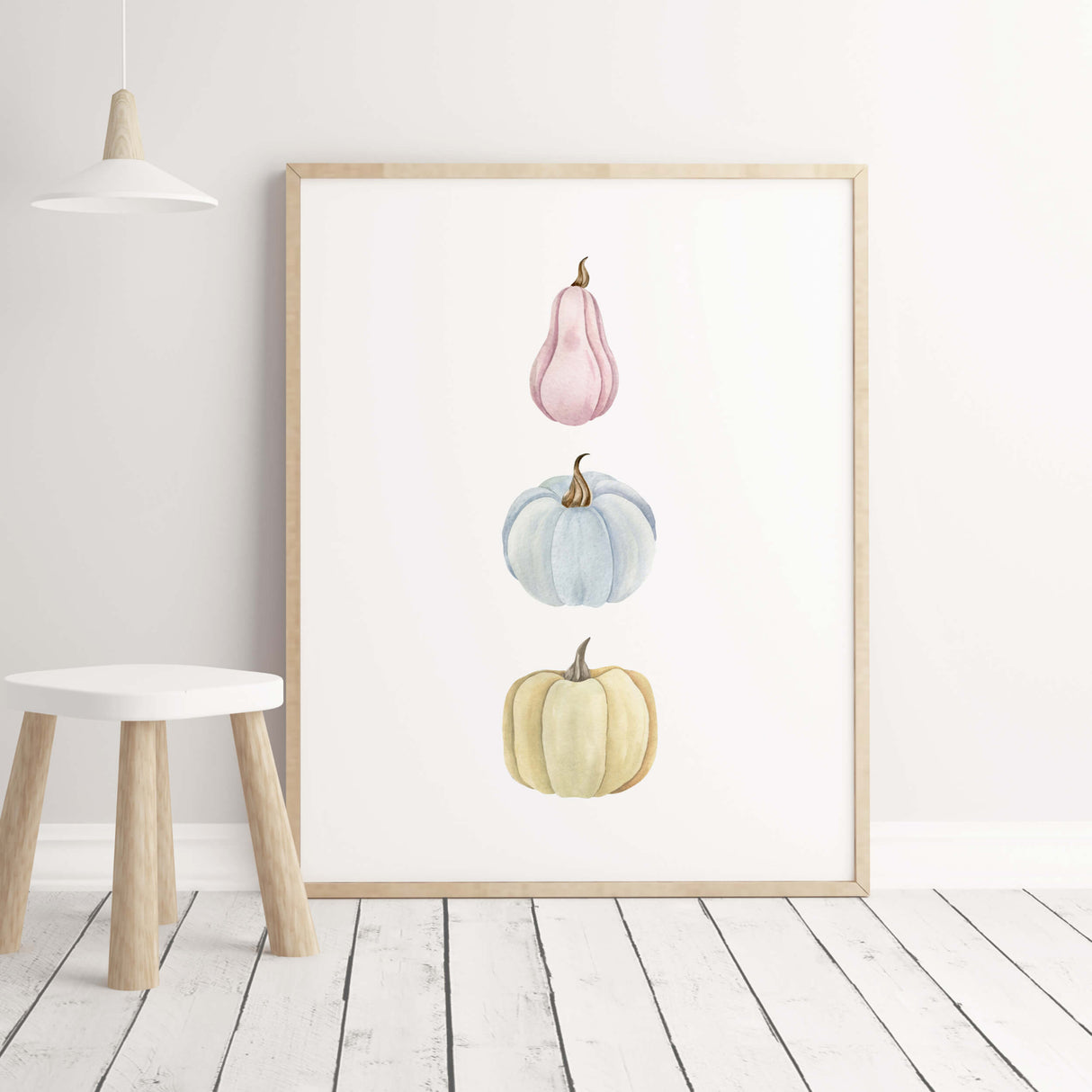 Watercolor pumpkin print with pink, blue, yellow for autumn home decor
