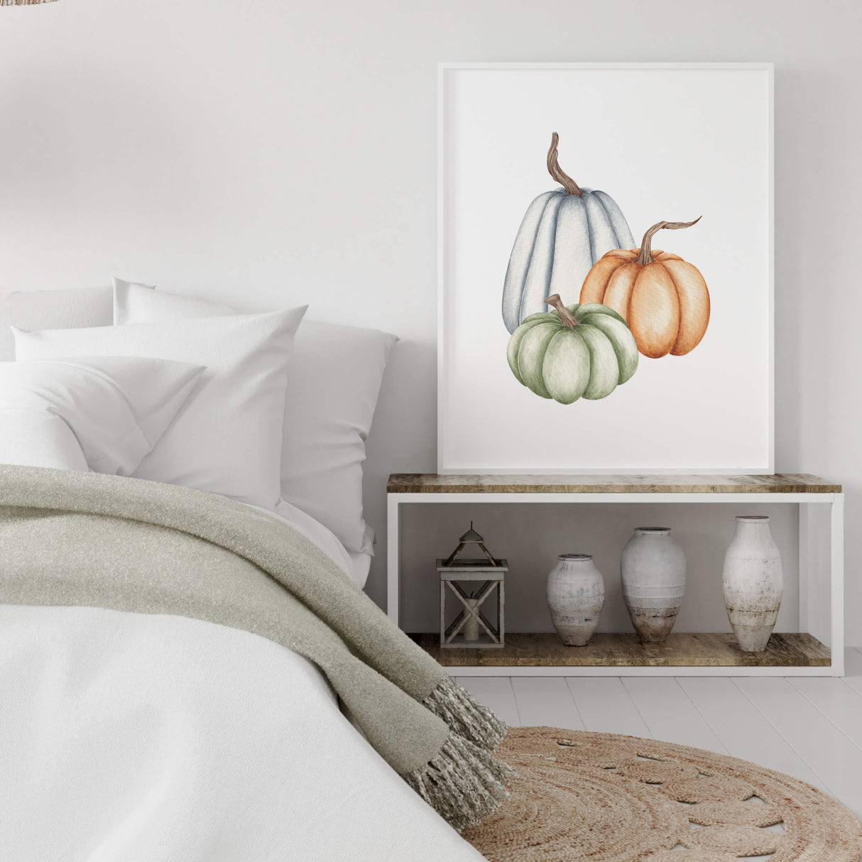 Watercolor pumpkin print in blue, green, orange colors for boho autumn decor.