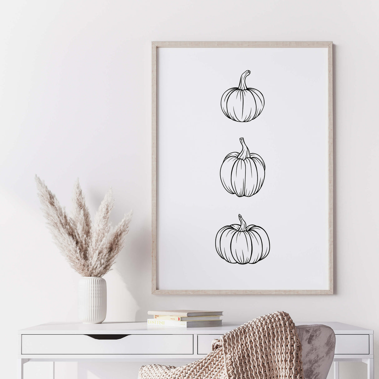 Minimalist fall home decor with line art pumpkins