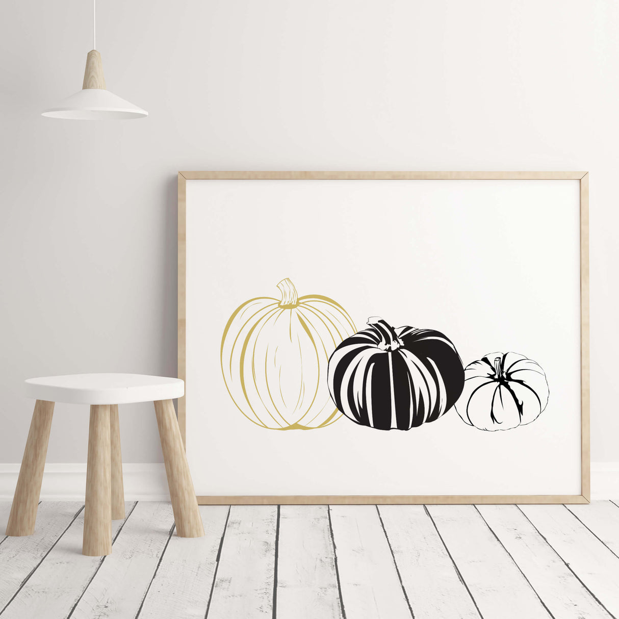 Line art pumpkin print with pumpkins and hello pumpkin quote for autumn minimalist home decor in black and white, gold.