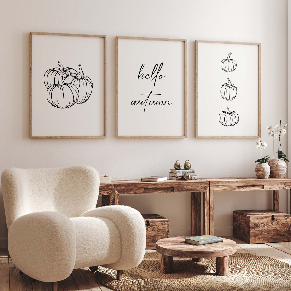 Line art fall poster with pumpkins and hello autumn quote for minimalist autumn home decor.
