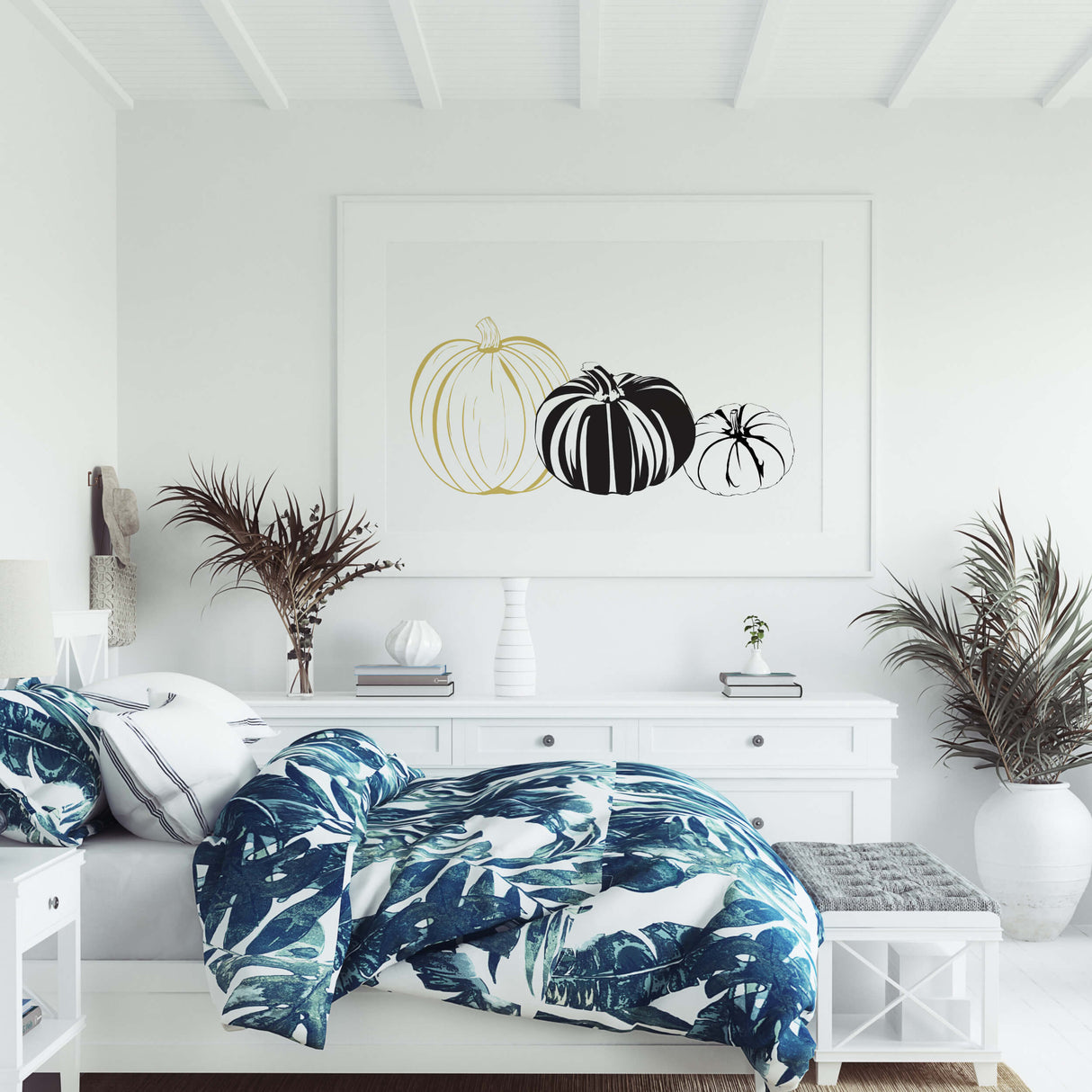 Line art pumpkin print with pumpkins and hello pumpkin quote for fall minimalist home decor in black and white, gold.