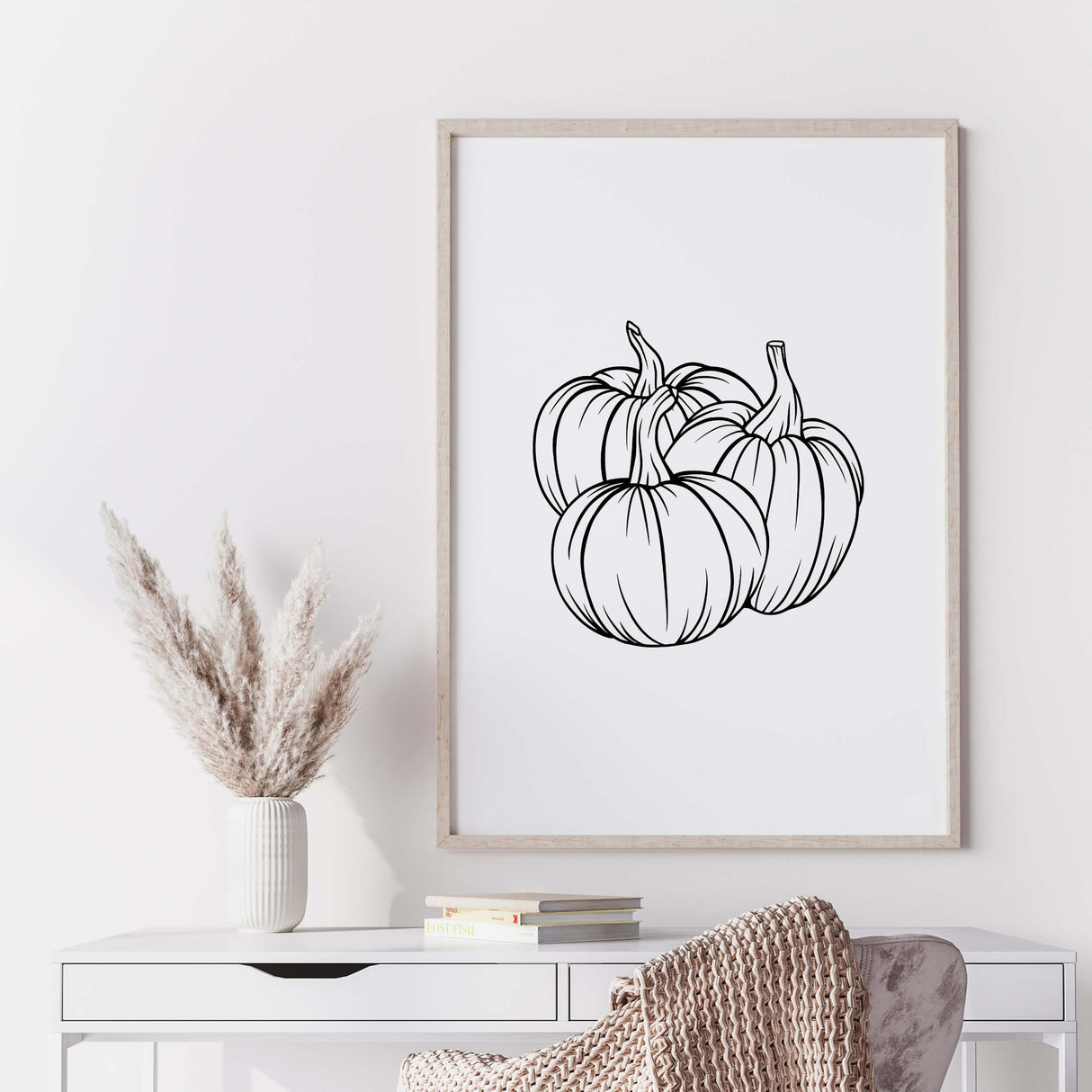 Line art fall print with hello autumn quote for minimalist autumn home decor.