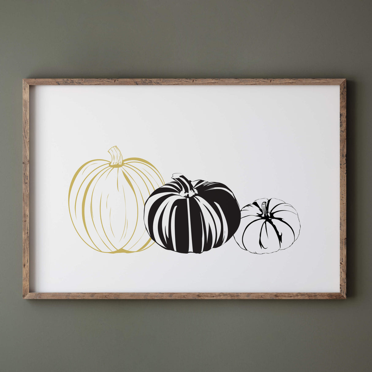 Line art pumpkin print with pumpkins for autumn minimalist home decor in black and white, gold.
