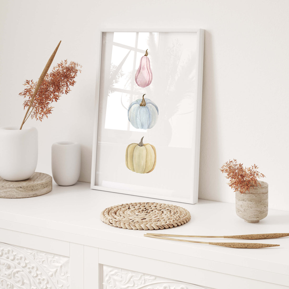 Watercolor pumpkin print with pink, blue, yellow for white home decor