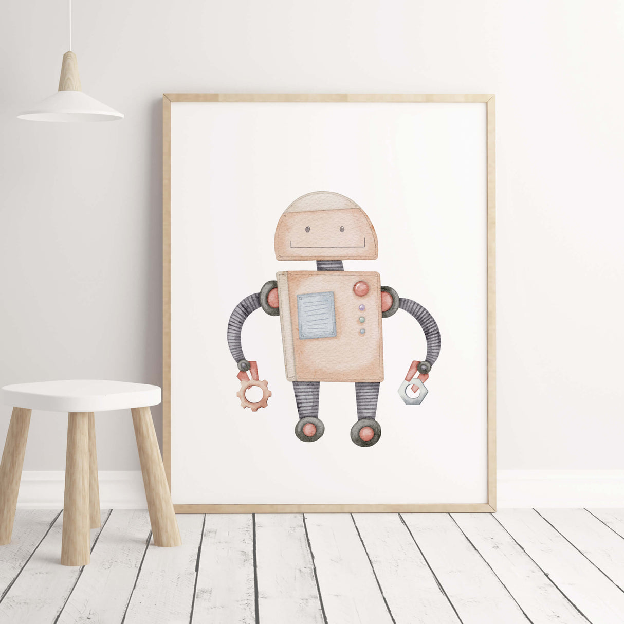 Watercolor robot print with orange and gray colors for neutral nursery decor.