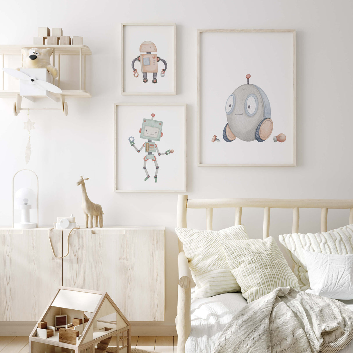 Set of 3 robot poster with orange, mint, light blue and gray colors for neutral nursery decor.
