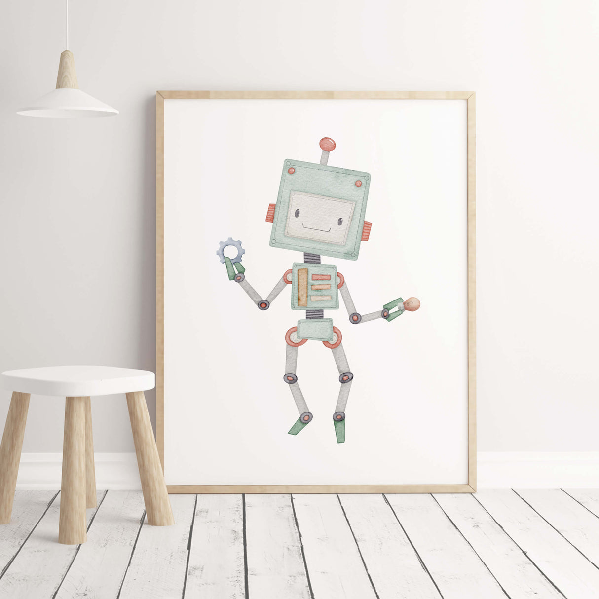 Watercolor mint robot printable for toddler room decor.