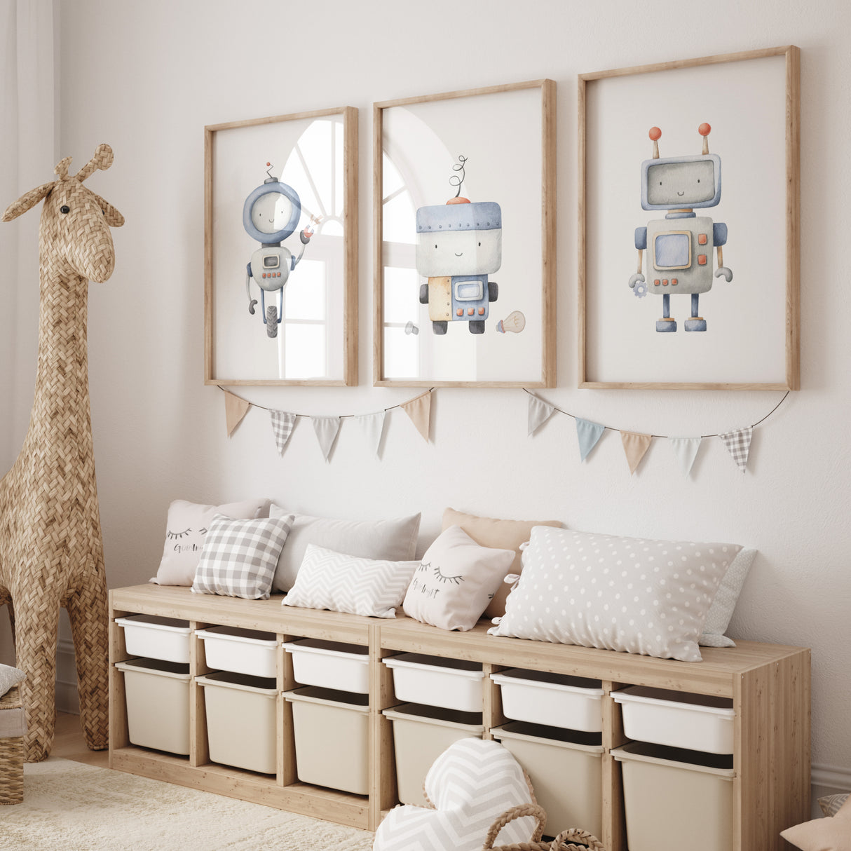 Set of 3 watercolor robot poster with blue and gray colors for toddler room decor.