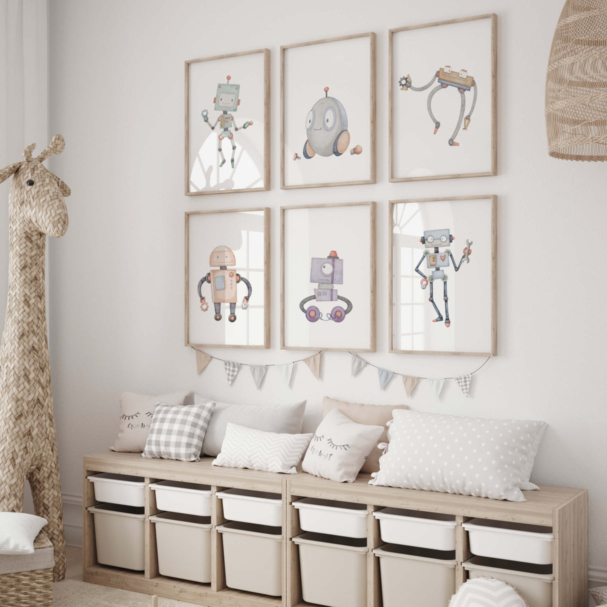 Set of 6 watercolor robot printable for kids room decor.