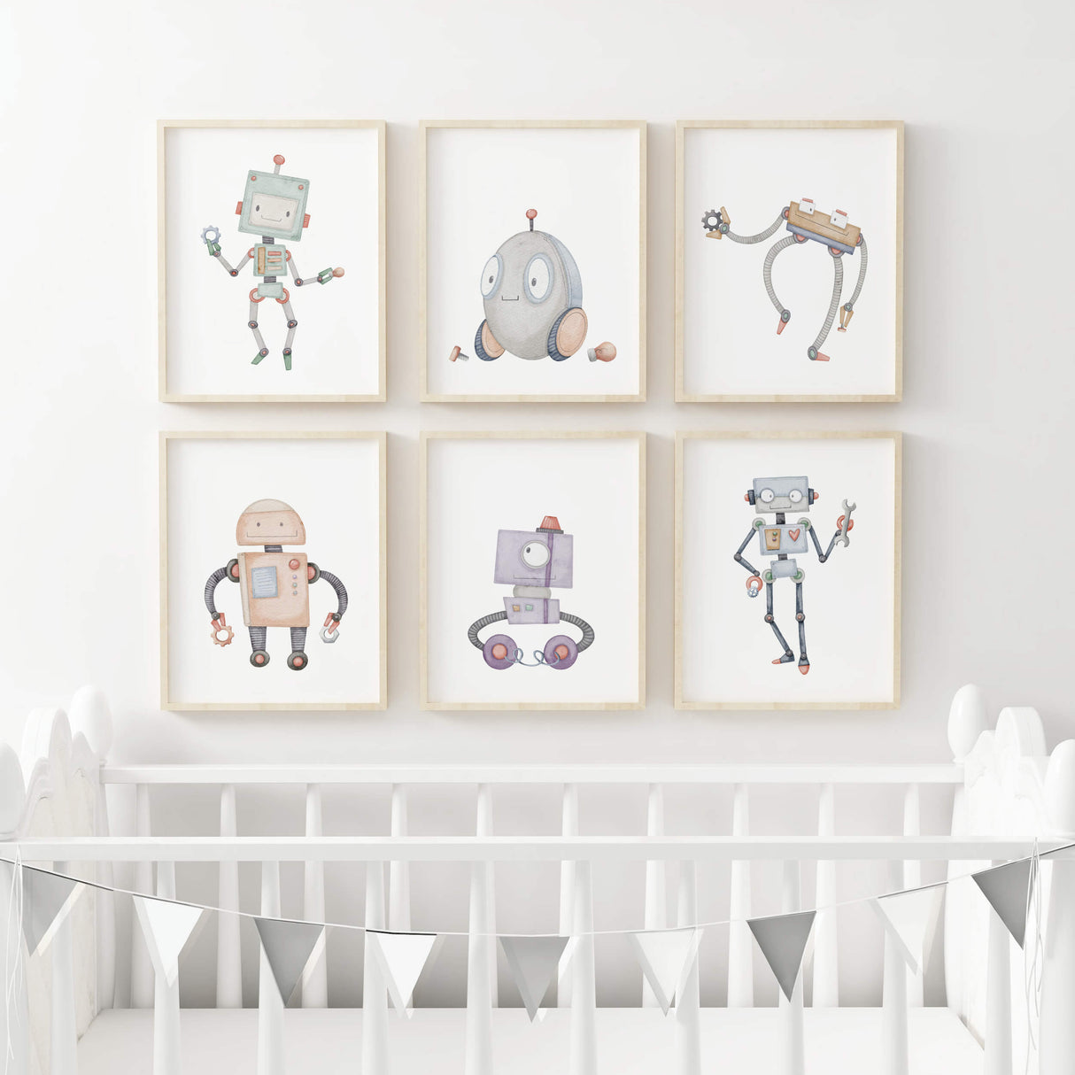 Set of 6 watercolor robot poster for nursery wall decor.