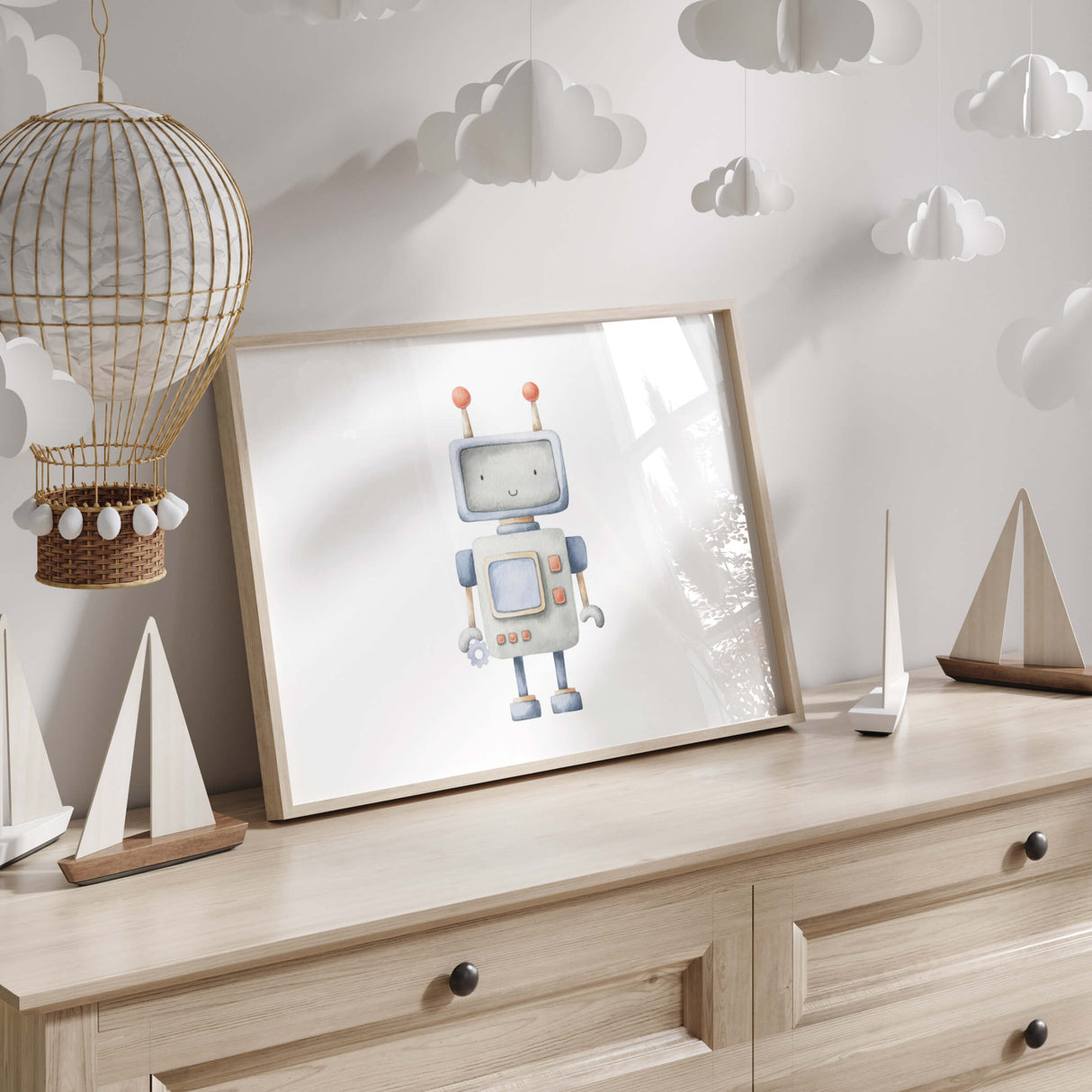Robot Nursery Prints - Blue Gray - Horizontal - Set of 7