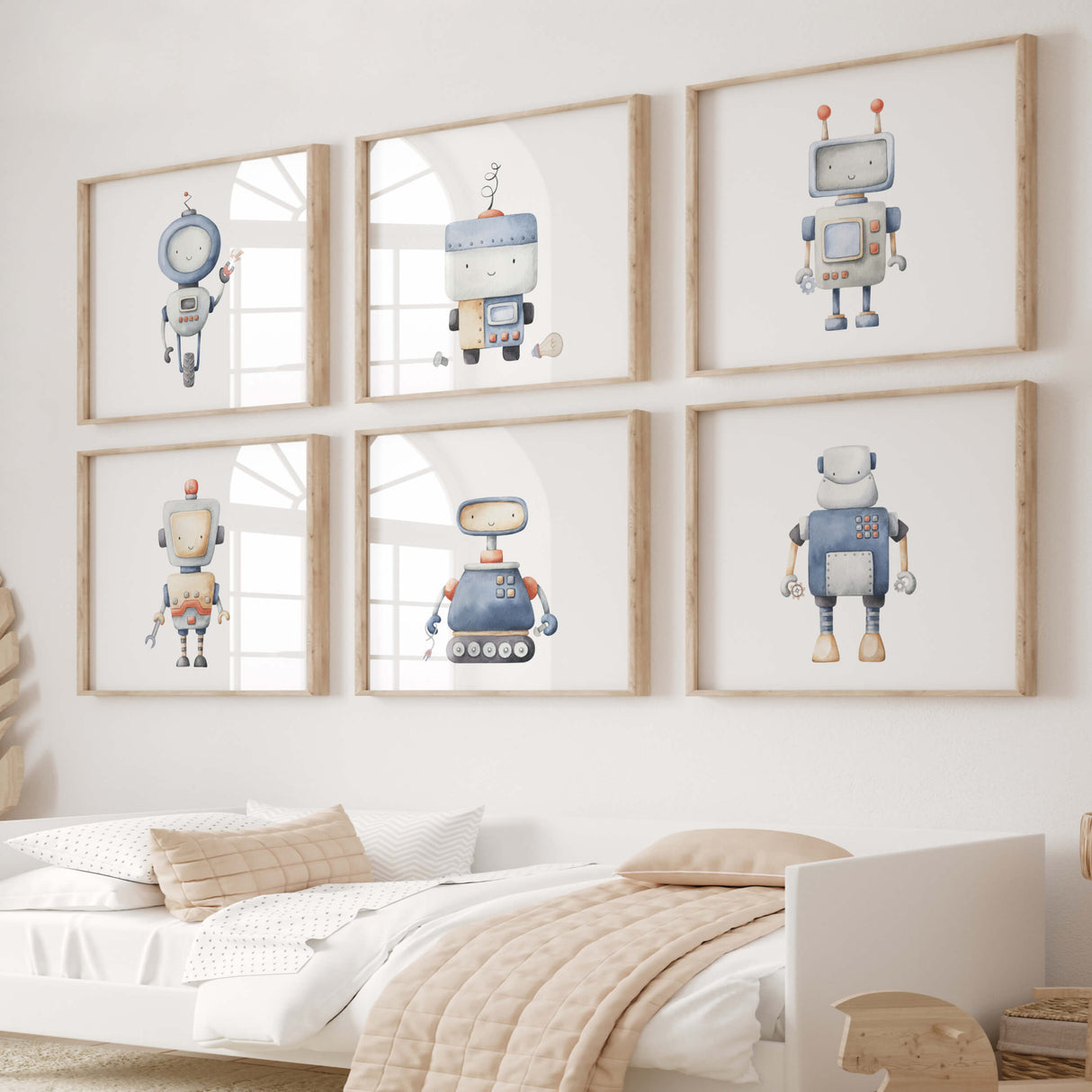 Set of 6 watercolor robot printale for boys room decor, toddler room decor, robot nursery decor.
