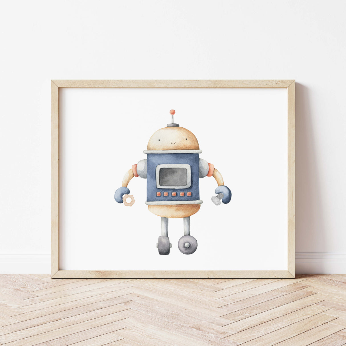 Watercolor robot print for boys room decor, toddler room decor, robot nursery decor.