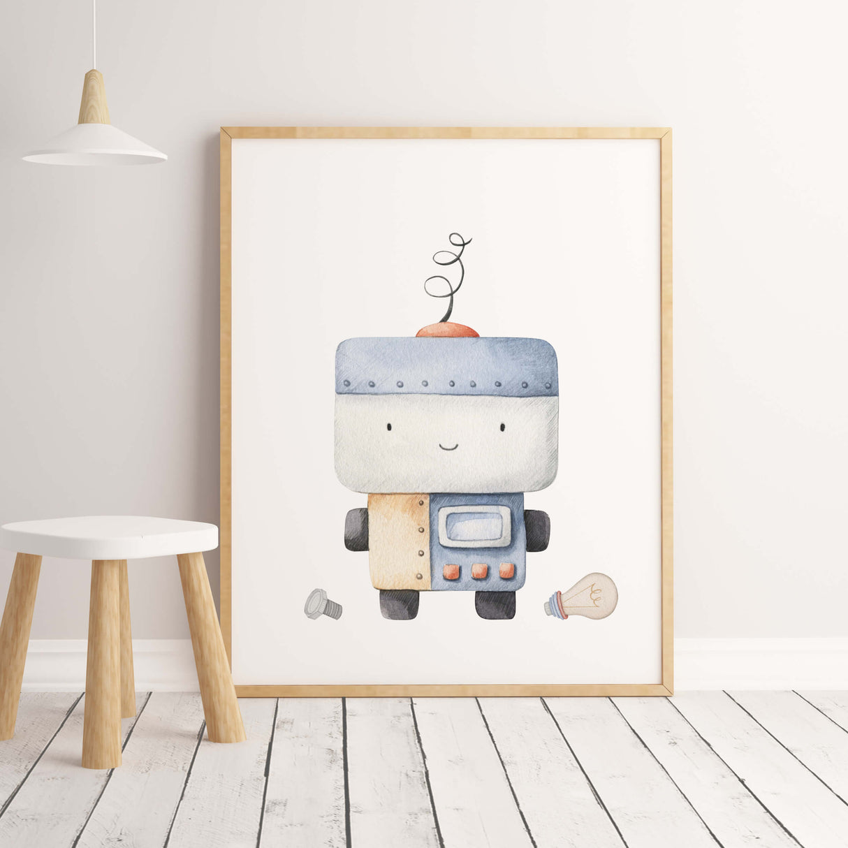 Watercolor robot poster for boys room decor.