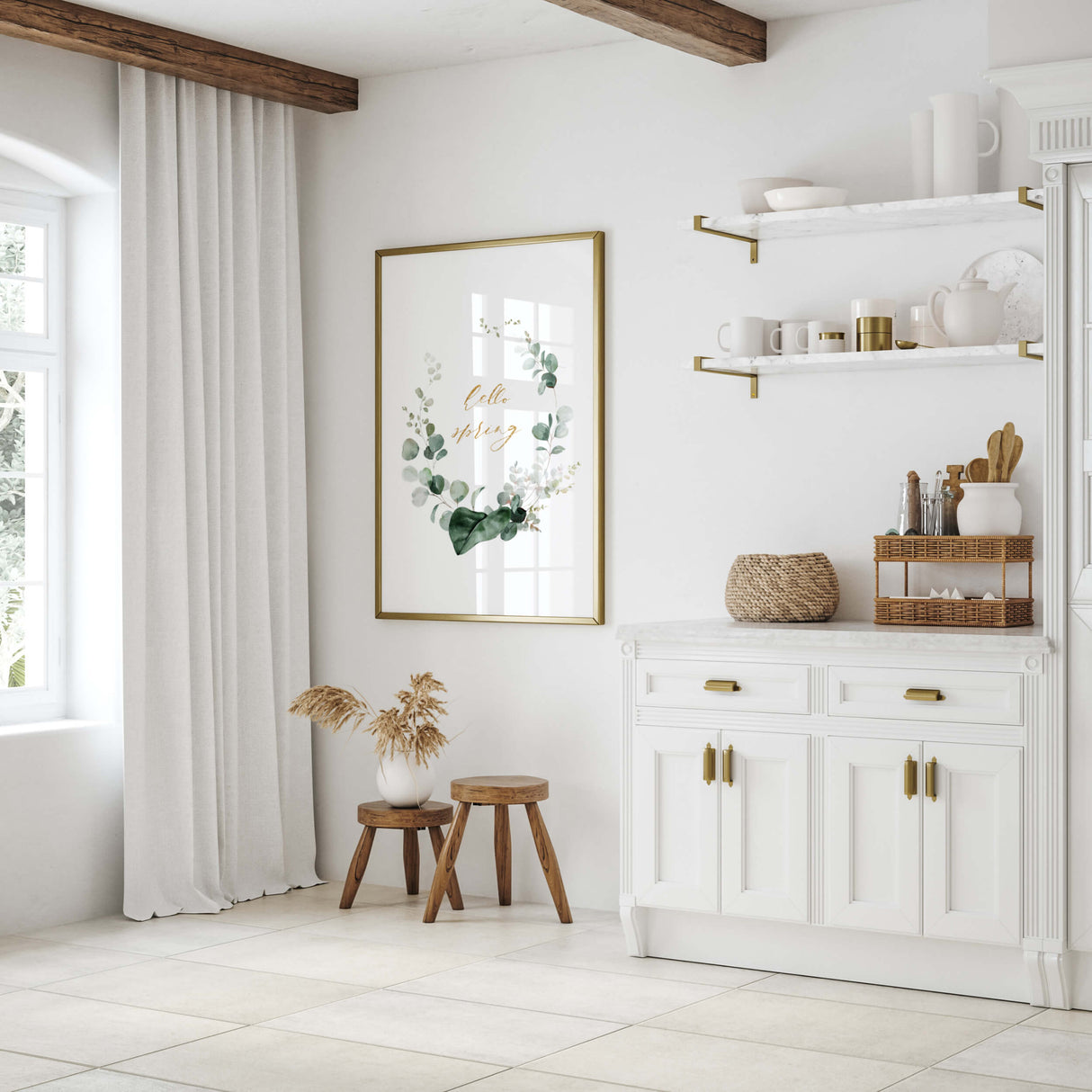 Gold Hello Spring Greenery Wreath Print