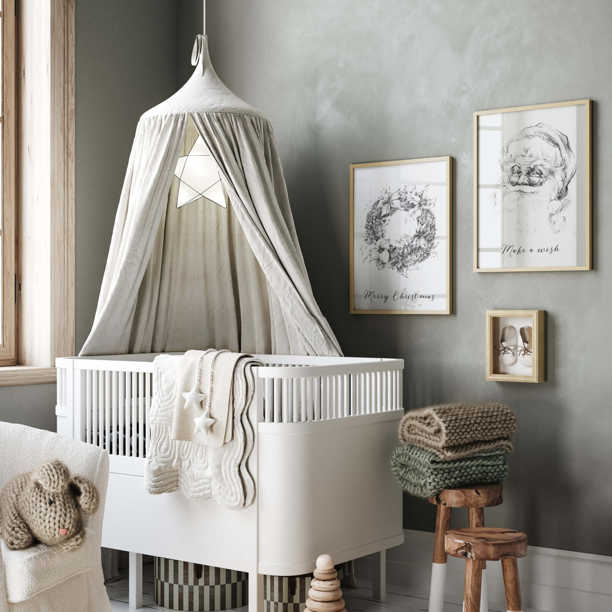 Black and white Santa sketch and wreath print with Merry Christmas and Make a wish  quote for black and white christmas wall decor.