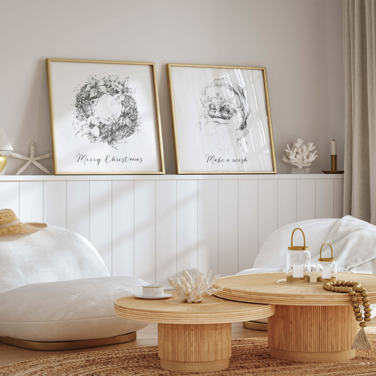 Black and white Santa sketch and wreath print with Merry Christmas and Make a wish  quote for black and white christmas wall decor.